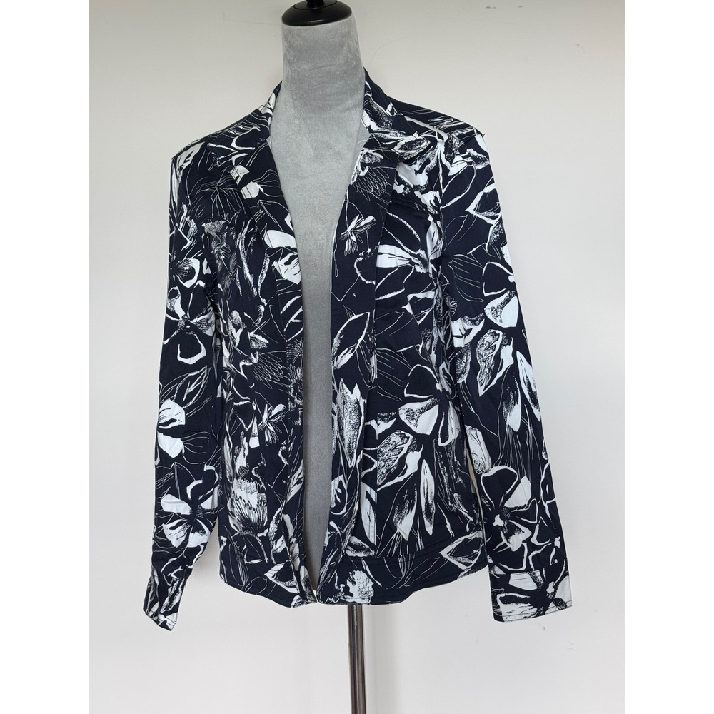 Coldwater Creek Navy White Floral Open Front Jacket Womens Size M Collared